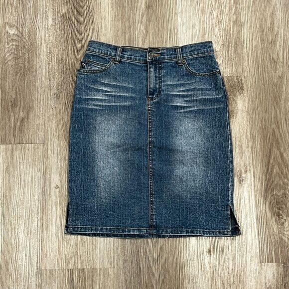 VTG 00s Y2K Tyte Med Blue Denim Jean Skirt Flap Pockets Women's Size 27x20 - Picture 1 of 5
